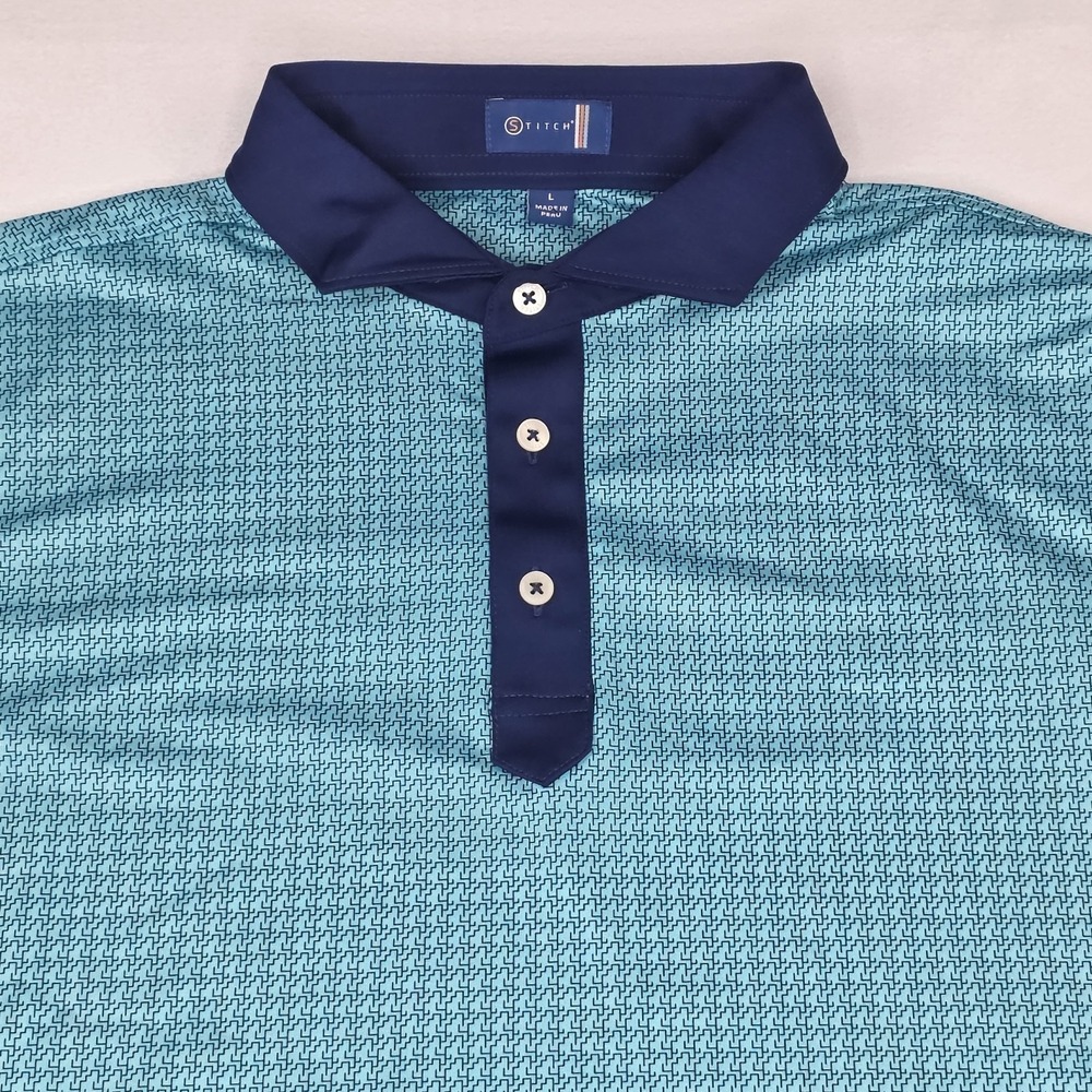 Stitch Golf Polo Shirt Mens Large Blue Geometric All Over Print Watersound Club